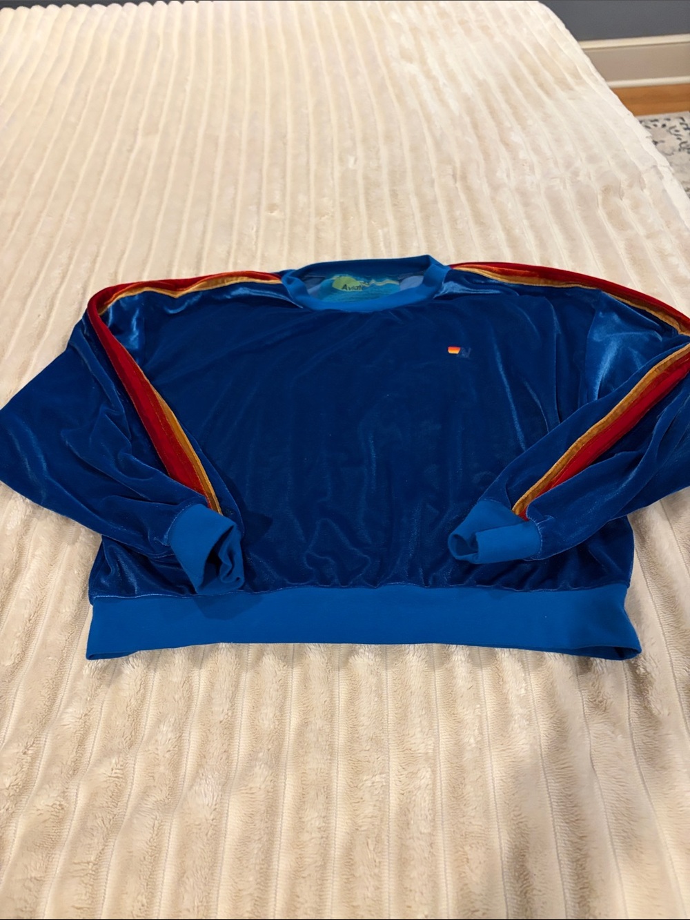 Blue Velour Women’s Crewneck Sweater with Red & Yellow Stripes